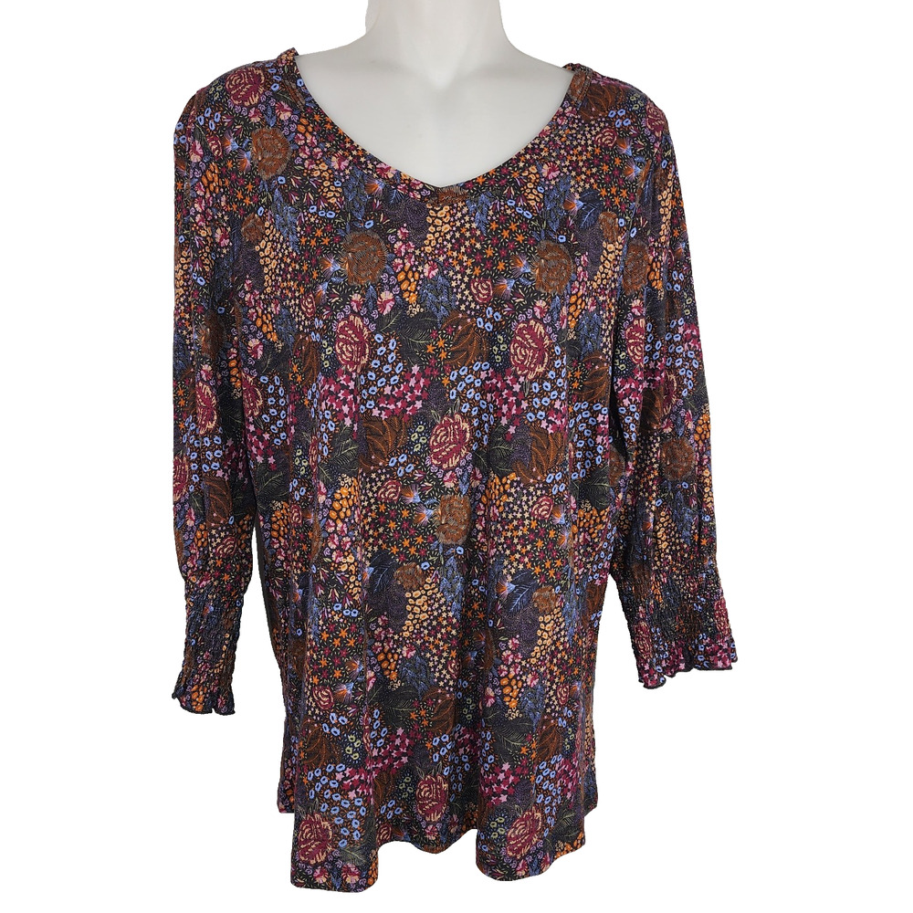 FDJ French Dressing Womens Printed V Neck Smocked Cuff Top Floral Small 3113476
